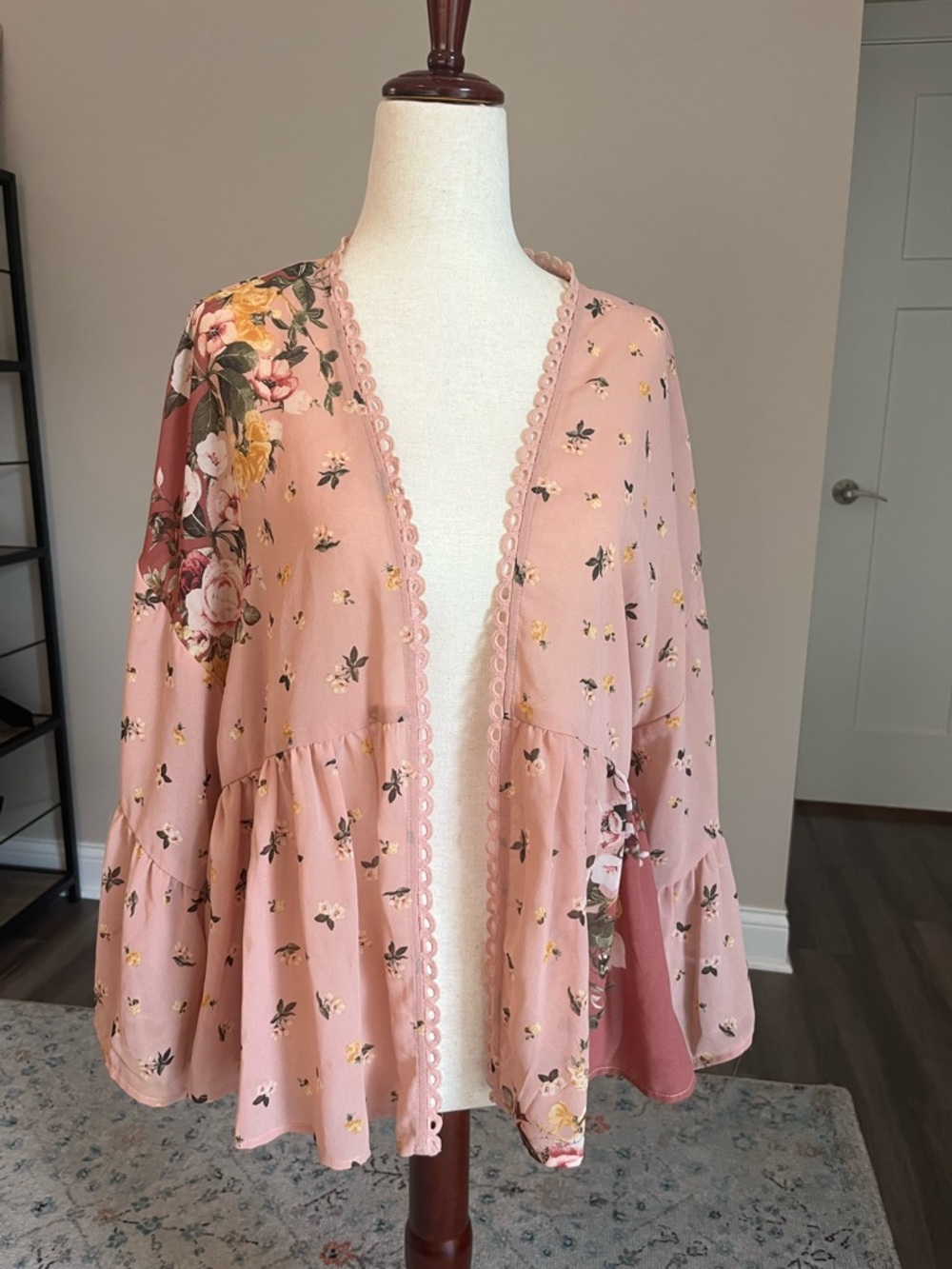 Cottagecore Pink Floral Open-Front Ruffle  Lightweight Flowy Top for Layering